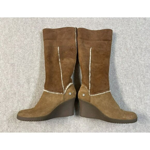 UGG Sandra Knee High Wedge Boots Women 9 Brown Leather Shearling Lined Fold Down - Picture 11 of 16